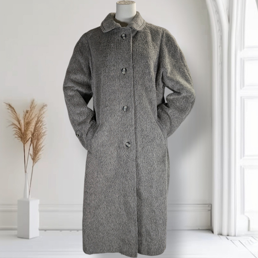 Vintage 100% Llama Coat Gray Midi Overcoat Single Breasted Pockets Size L